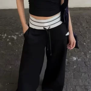Women Wide Leg Pants with Letter Tape High Waist Loose Fit Casual Trousers Soft Comfortable Early Autumn Fashion Bottoms