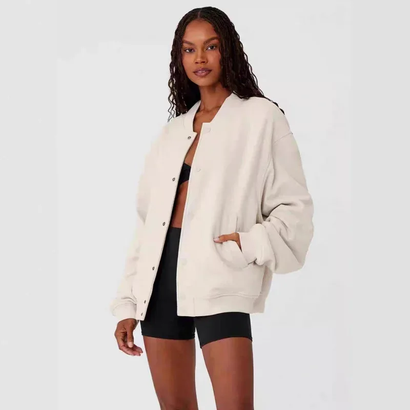 Women Casual Baseball Jacket Soft Long Sleeve Button Front Bomber Coat Ribbed Cuff Lightweight Autumn Winter Outerwear for Daily - Image 3