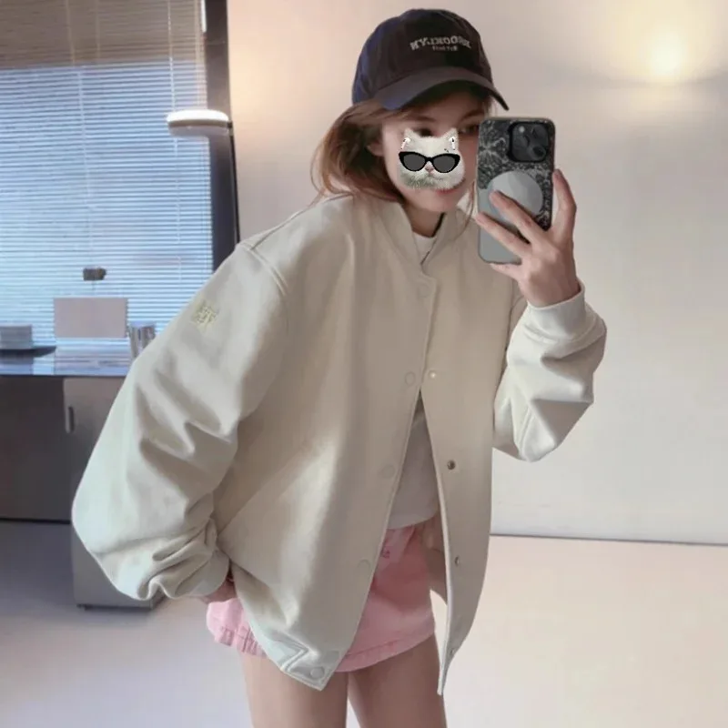 Women Casual Baseball Jacket Soft Long Sleeve Button Front Bomber Coat Ribbed Cuff Lightweight Autumn Winter Outerwear for Daily - Image 5