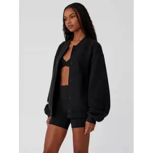 Women Casual Baseball Jacket Soft Long Sleeve Button Front Bomber Coat Ribbed Cuff Lightweight Autumn Winter Outerwear for Daily