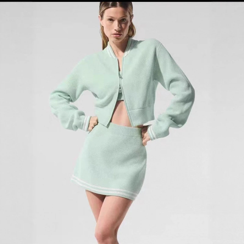 Women Knit Jacket and Skirt Set Contrast Trim Baseball Collar Zip Up Two Piece Outfit Casual Autumn Fashion Matching Set - Image 3