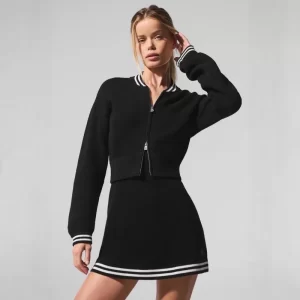 Women Knit Jacket and Skirt Set Contrast Trim Baseball Collar Zip Up Two Piece Outfit Casual Autumn Fashion Matching Set
